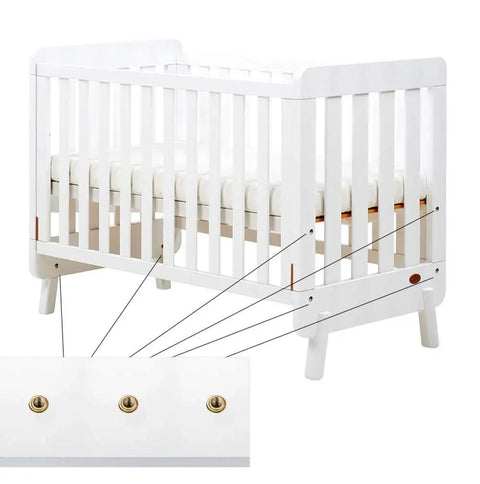 White baby crib with close-up inset showing Must-Have 80 Piece 1/4-20 Flush Wood Inserts Set With Headless Screws And Hex Socket Drive.