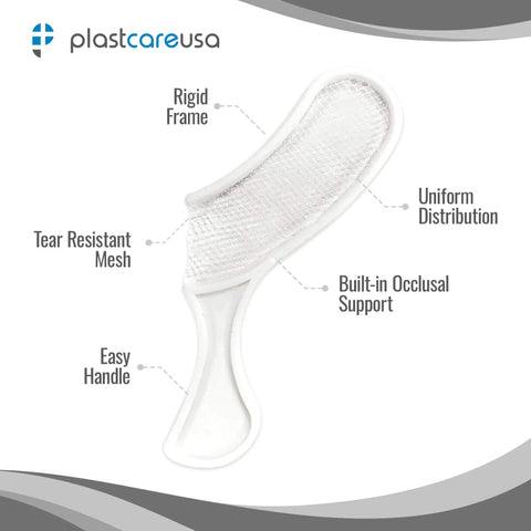 50 Sideless White Disposable Dental Bite Registration Trays For Impressions And Teeth Molds Pro Grade With Rigid Frame Thumb Tab And Durable Mesh To Hold Impression Material For Accurate Final Impressions PlastCare USA, showing rigid frame and mesh