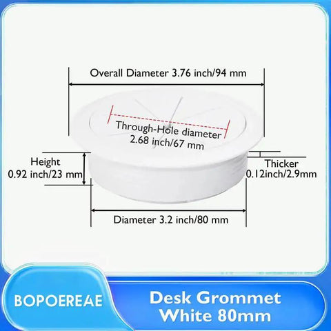 Maintain a clean, organized workspace with this 2-pack 80 mm white ABS desk grommet, featuring a detachable, flexible cable opening