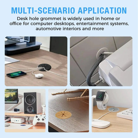 Maintain a clean, organized workspace with this 2-pack 80 mm white ABS desk grommet, showing cable management in various setups.