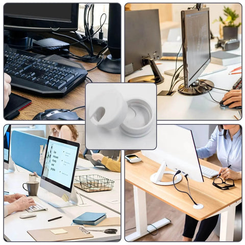 Collage showing 2 Pack 1.5 Inch Desk Grommet Cable Hole Cover for wire organization on different desks, with close-up white plastic grommet.
