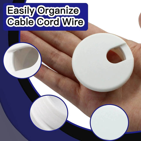Person holding 2 Pack 1.5 Inch Desk Grommet Cable Hole Cover For Wire And Cord Organization White Plastic