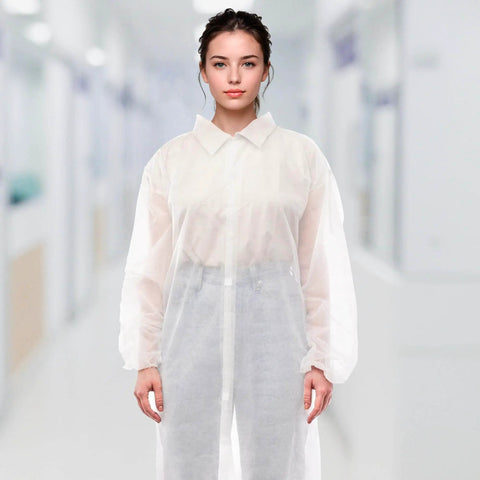 White Disposable Lab Coats For Adults Medium 10 Pack AMZ Supply Knee Length PPE Clothing With Elastic Wrists And Hook Loop Closure No Pockets 40 GSM Polypropylene