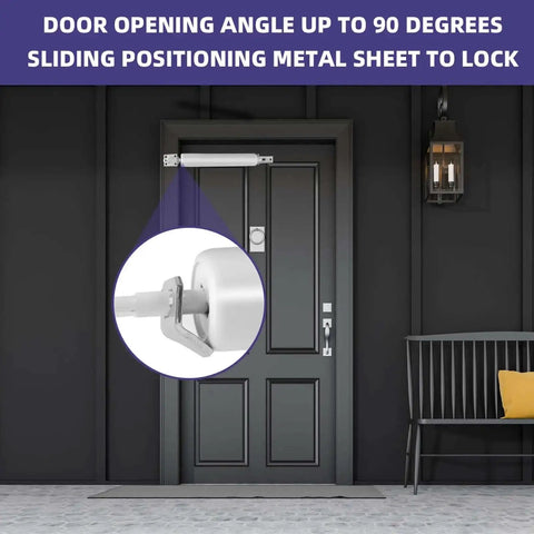 White Screen Door Closer Set Heavy Duty Pneumatic Storm Door Shock installed on black door with adjustable speed and cushioned closure