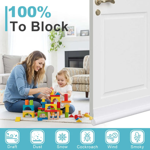 One Sided Door Draft Stopper Blocker, 37 Inch Cutable Under Door Foam Tubes, Easy Weather Stripping and Soundproof Door Sweep, Keeps Cold Air Out for Interior and Exterior Doors, 1 Pack, White installed on closed door in living room