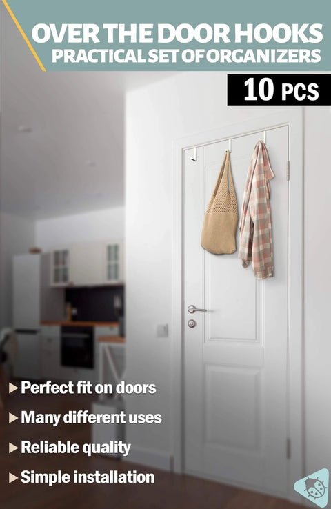 Set of 10 Over the Door Hooks White Two Sided Towel and Coat Hangers Fit 1 3/8 and 1 3/4 Doors with Anti Scratch Felt Pads