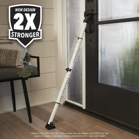 Sliding Door Stopper And Dual Function Security Bar For Hinged And Sliding Doors, Adjustable From Twenty Five And A Half Inches To Forty Three And A Half Inches, Indoor Use, Folding Design For Compact Storage And Travel, White, shown installed on a door.