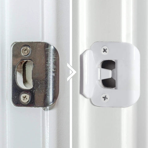 Side-by-side of metal door latch and Door Silencer Strike Plate That Quietly Fixes Loud Latches And Stops Slamming, White Finish