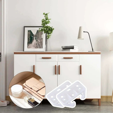 Six White Drawer Rail Bracket Kit with Track Guides and Eighteen Screws depicted in use on cabinet drawer systems.