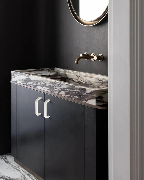 Black cabinet with marble top and 5 Pack White Dresser Drawer Pulls With 3-3/4 Inch Hole Center Modern Kitchen Cabinet Handles installed