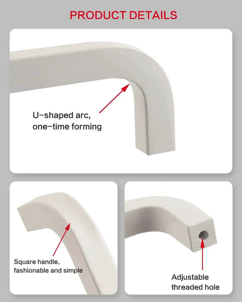 Detailed view of 5 Pack White Dresser Drawer Pulls With 3-3/4 Inch Hole Center Modern Kitchen Cabinet Handles featuring U-shaped arc and adjustable holes.