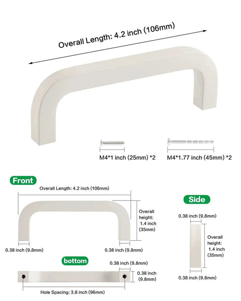 5 Pack White Dresser Drawer Pulls With 3-3/4 Inch Hole Center Modern Kitchen Cabinet Handles Aluminum Alloy, dimensions and views