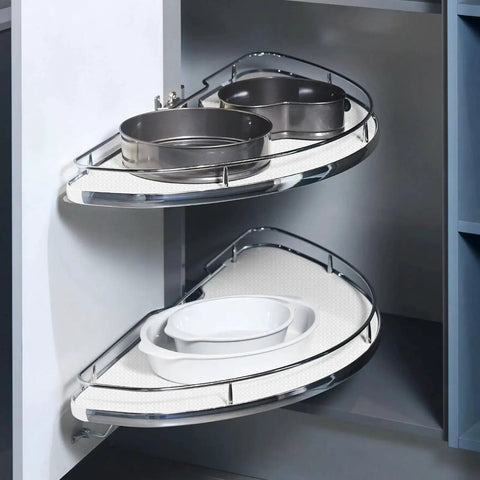 Two Pack 31 Inch EVA Lazy Susan Shelf Liners Non Adhesive Protection Mats in cabinet with pots