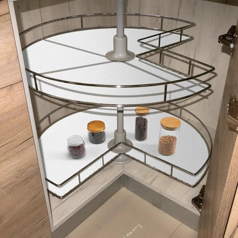 Two Pack 31 Inch EVA Lazy Susan Shelf Liners in cabinet, white non-adhesive protection mats for organized storage