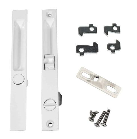 Flush Mount Lock Set For Sliding Glass Doors With Night Lock In White showing two handles, hardware, and screws on white surface.