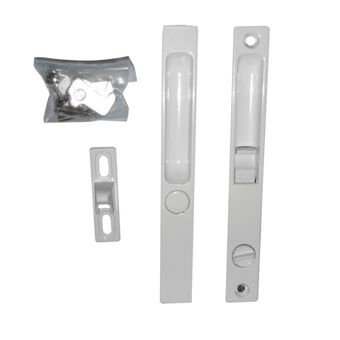 Flush Mount Lock Set For Sliding Glass Doors With Night Lock In White, including components for patio door hardware replacement DL 503