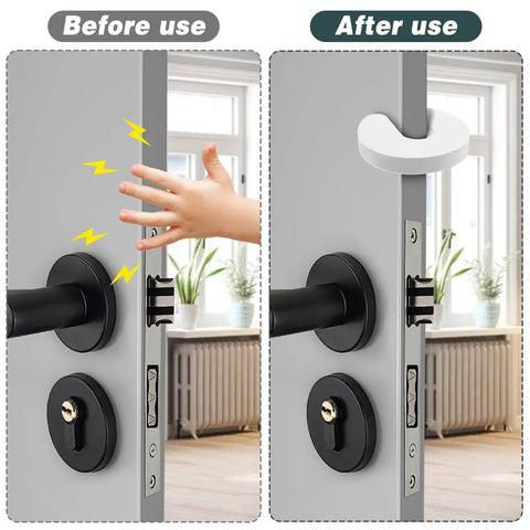 Six Pack Soft Foam Door Stoppers With Finger Guard Protectors, Anti Slam Door Pads In White shown on a door to prevent slams.