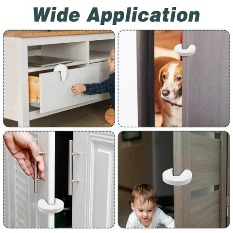 Collage showing Six Pack Soft Foam Door Stoppers With Finger Guard Protectors on cabinets and doors, preventing slams and pinched fingers.