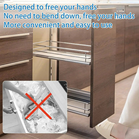 White Cabinet Foot Pull For Trash Can With Touchless Operation installed on kitchen cabinet, demonstrating hands-free opening with foot lever.