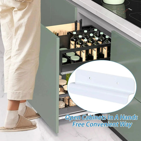 White Cabinet Foot Pull For Trash Can With Touchless Operation shown installed on a kitchen cabinet with foot operated handle.