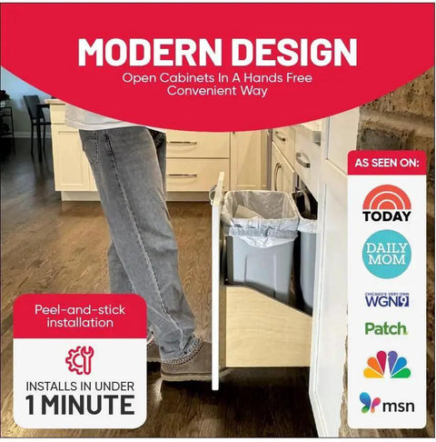 Hands Free Foot Pull Handle For Garbage Drawers And Bins Touchless Opener For Cabinets White Finish in use in kitchen