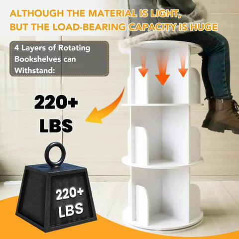 Four Tier Rotating Bookshelf Tower With 360 Degree Spin For Corner Spaces, showcasing weight capacity of 220+ lbs, white finish.