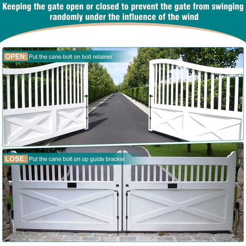 Open and closed gate views showcasing the use of 36 Inch Heavy Duty Gate Drop Rod Two Pack Built Tough Black Solid Steel Cane Bolt Gate Latch.
