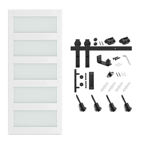 36 x 84 in glass barn door with 6.6FT sliding hardware kit and handle, pre-drilled ready to assemble, white 5-panel glass and components