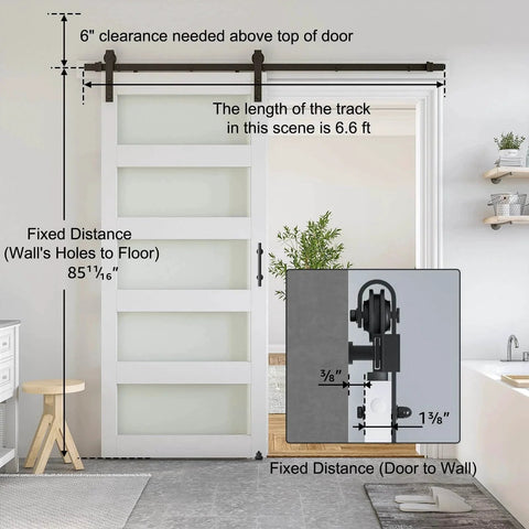 36 x 84 in Glass Barn Door with 6.6FT Sliding Hardware Kit & Handle, Pre-Drilled Ready to Assemble, Waterproof PVC Coating, White, 5-Panel Glass installed with measurements and track details in a bathroom.