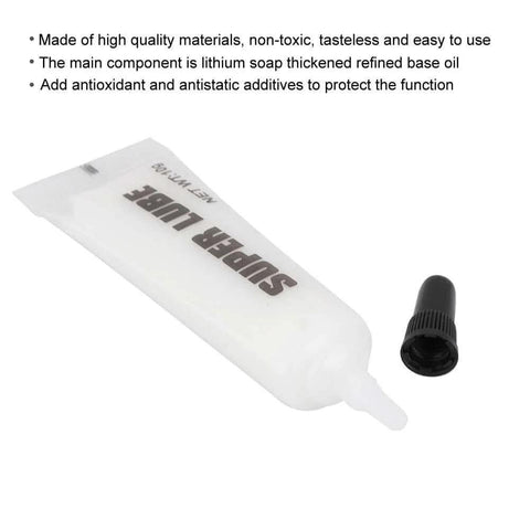 Tube of Super Lube, a white lithium-based 3D printers lubricating oil, white grease for 3D printers or other systems machine screw.