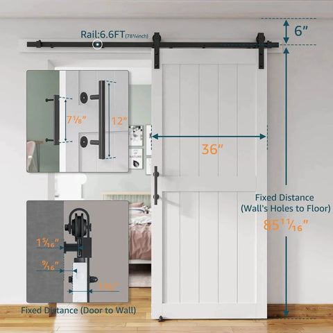 36''x84'' Sliding Barn Door with 6.6 Ft Barn Door Hardware Kit& Handle& Floor Guides,Pre-Drilled Holes Easy Assembly, H-Frame, White
