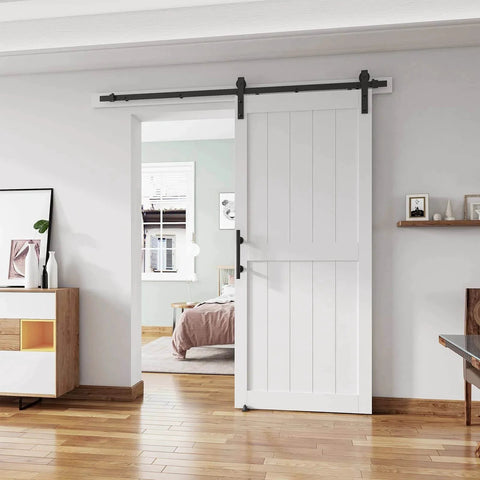 36''x84'' Sliding Barn Door with 6.6 Ft Barn Door Hardware Kit& Handle& Floor Guides, Pre-Drilled Holes Easy Assembly, white door installed