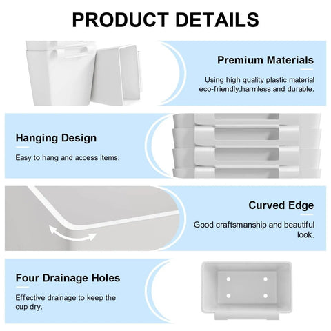 Product details for Six Pack White Hanging Cup Holders For Rolling Carts With Six Cup Holders And Six Hooks Space Saving Utility Cart Accessories