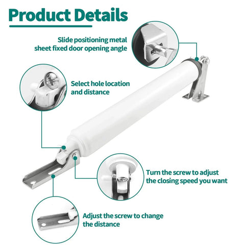 Screen and Storm Door Closer Kit, Heavy Duty Pneumatic Screen and Storm Door Closer showing white tube mechanism and installation details.