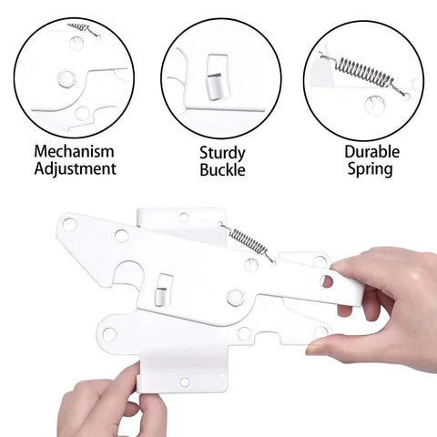 Hands holding Heavy Duty Gate Latch With Post Mount Automatic Self Closing Door Latch in white finish