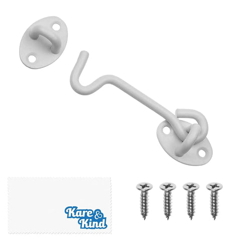 Heavy Duty Hook And Eye Latch Set 4 Inch With Mounting Screws for doors, gates, white iron finish, includes cloth and screws