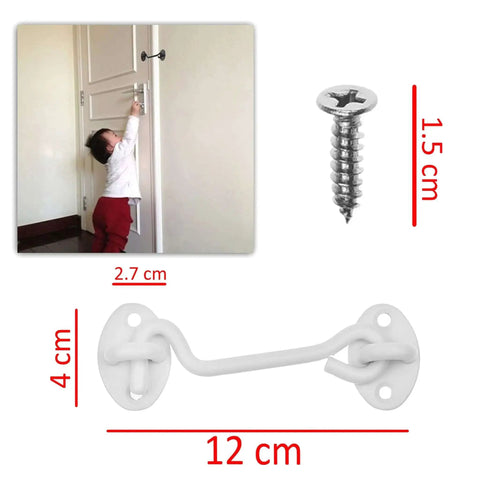 Heavy Duty Hook And Eye Latch Set 4 Inch With Mounting Screws for doors, gates, barns; image shows latch and child reaching door latch