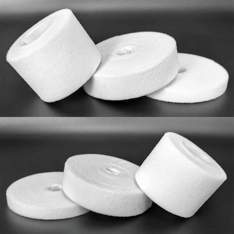 Heavy Duty Double Sided Hook And Loop Straps Self Gripping Cable Ties Half Inch By Sixteen Feet White rolls on display
