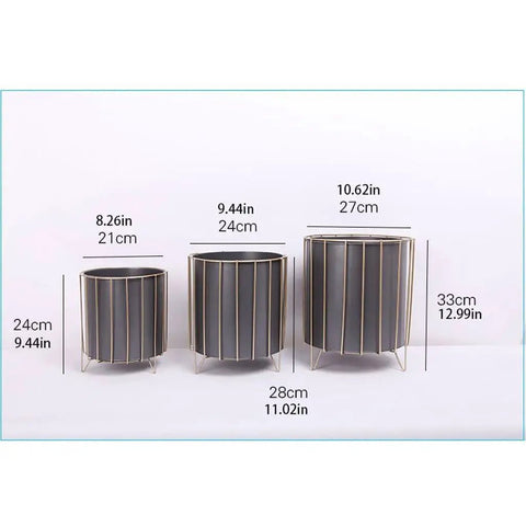 Rust Resistant Iron Plant Pot Stand Set For Indoor And Outdoor Use with three sizes, decorative frames, white finish, and size measurements.