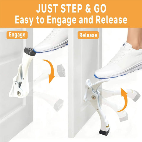 One Touch Semi Automatic Kickdown Door Stop White 4 Inch Adjustable Height Rubber Tip Heavy Duty Door Holder 1 Pack No Fuss Install With Screws Durable Security Stopper For Home Office Commercial Use in action, engaged and released.