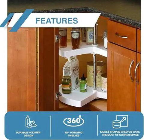 Kidney Shaped Lazy Susan With Two White Polymer Shelves, Chrome Telescoping Post, Adjustable 26 To 32 Inch Height in kitchen cabinet
