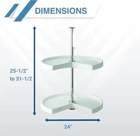 Kidney Shaped Lazy Susan With Two White Polymer Shelves, Chrome Telescoping Post, Adjustable 26 To 32 Inch Height, Dimensions Shown