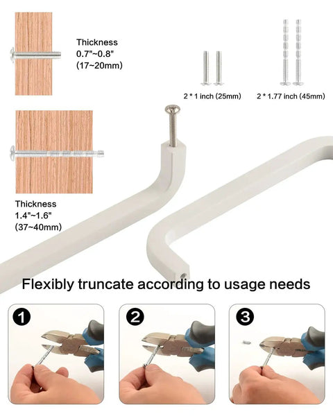 Installation guide for Five Pack White Kitchen Cupboard Handles with cutting instructions and screw sizes