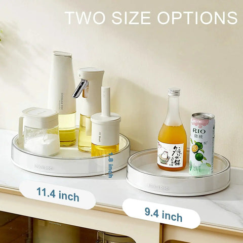 Two size options of 360 Degree Rotating Makeup Organizer With Perfume Tray And Skincare Holder, small and large tray on counter