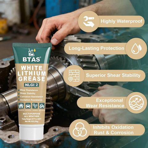 White Lithium Grease for Car Door,Bearings & Gears Lubricant Grease, 1 oz tube next to gears in industrial setting