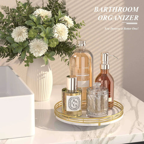 White marble lazy susan turntable for table top, 10 inch round natural marble tray with gold frame for bathroom organization.