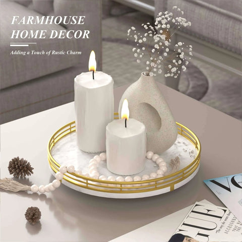 White marble lazy susan turntable for table top, 10 inch round natural marble tray with gold frame featuring candles and decor.
