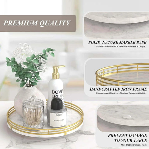 White marble lazy susan turntable for table top, showcasing a 10 inch round natural marble tray with gold frame.
