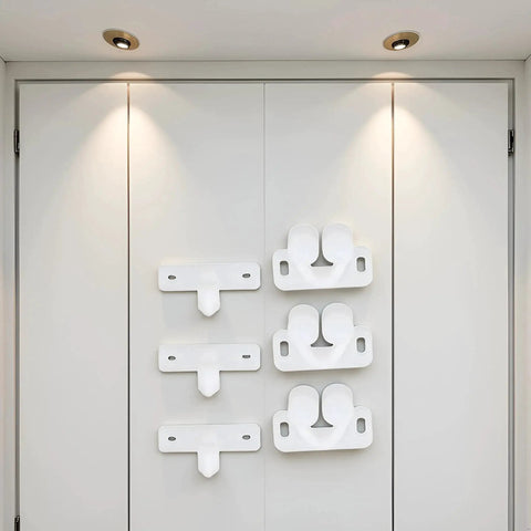 Three Pack White Marine Boat Door Catch Sets With Ball Roller Latches and Spring Back Plates mounted on cabinet door.