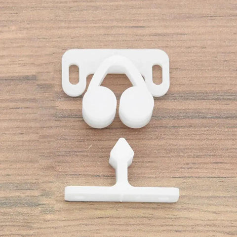 Three Pack White Marine Boat Door Catch Sets With Ball Roller Latches And Spring Back Plates on wooden surface